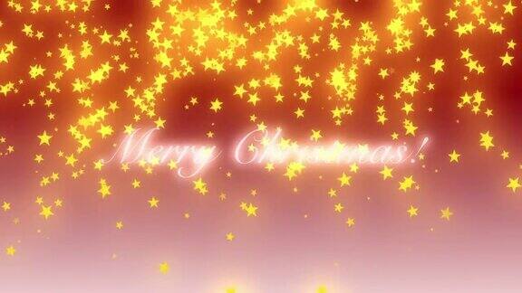圣诞快乐的文字在白色发光发光的金色星星慢慢落在红色的背景
