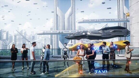 未来的城市3d人和机器人未来逼真的4k动画