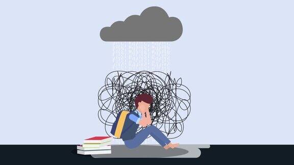悲伤的男同学独自坐在雨中