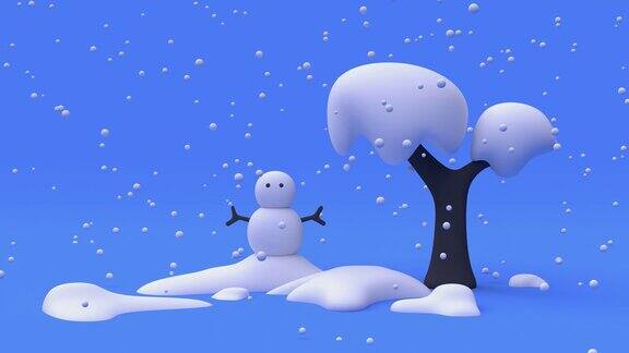 蓝色场景冬雪自然卡通风格3d渲染