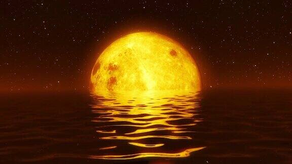 平静的海面上出现了超现实的满月黄灯