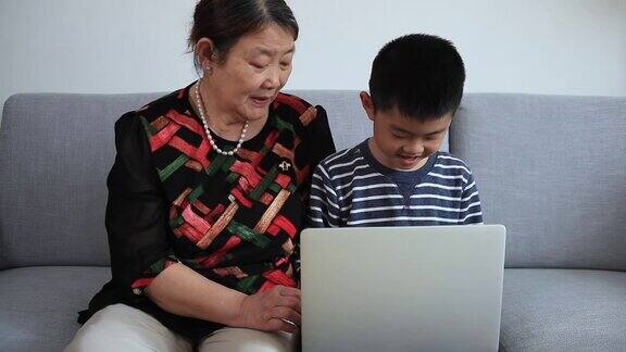 奶奶在室内教孙子使用笔记本电脑