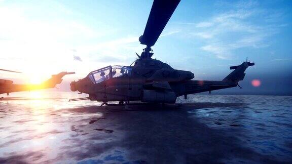 清晨在无尽的蓝色海洋中军用直升机准备从航空母舰上起飞