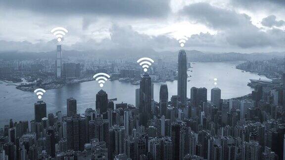 4k分辨率香港城市wifi图标网络连接概念