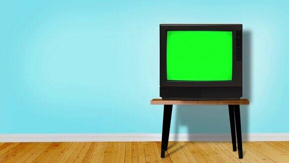复古电视与色度键屏幕在蓝色房间与拷贝空间MOD