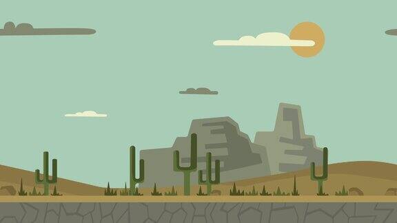 动画背景沙漠景观与仙人掌石头和山平面动画视差镜头