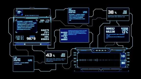 美丽的流程图绘制动画与闪光蓝色未来HUD与数字和代码运行平视显示计算机数据高科技概念元素