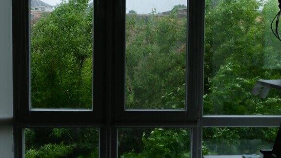 窗外下着雨刮着大风水滴不是玻璃美丽的夏雨在绿叶的背景下雨点落在街上街上暴雨倾盆