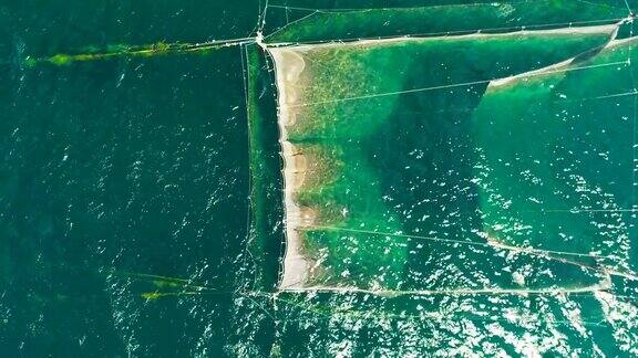 在保加利亚瓦尔纳黑海海岸附近的海水中无人机拍摄的渔网
