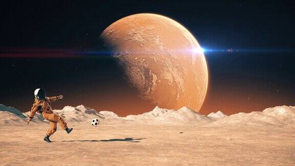 穿着太空服的宇航员在外星球踢足球慢慢地射击