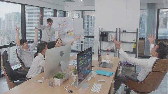 4K分辨率快乐亚洲商务团队在室内现代办公室欢笑和鼓掌庆祝亚洲商务生活