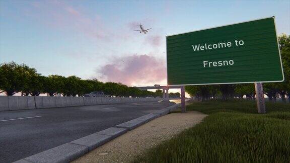 欢迎来到弗雷斯诺欢迎来到弗雷斯诺高速公路上的路标高速公路场景动画