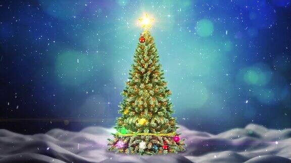圣诞树无缝循环雪粒子散景灯在蓝色背景