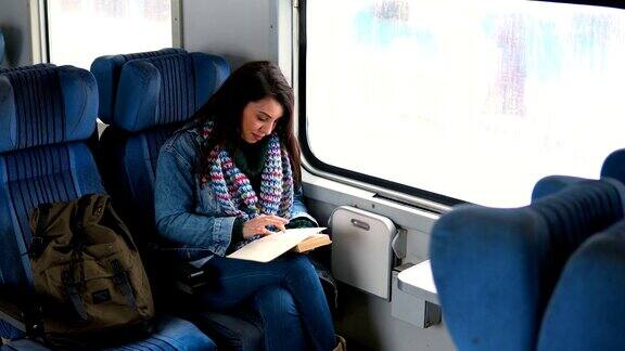 年轻漂亮的女人透过火车车窗向外看