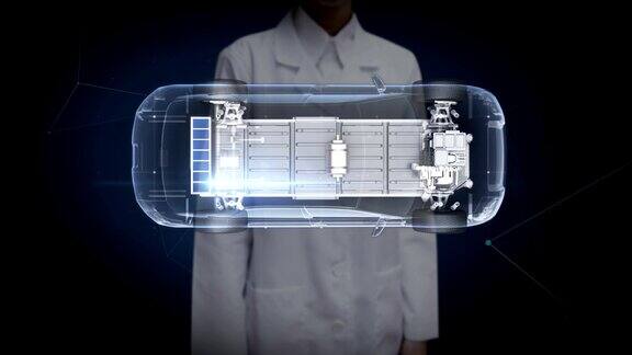 女科学家工程师触摸电子离子电池回声车充电汽车电池电池电量检查未来车前视图