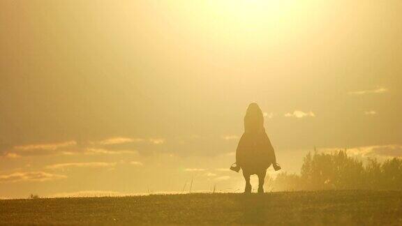 一个女人在日落时分骑马奔向地平线