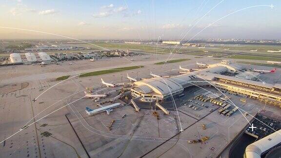 间隔拍摄北京首都国际机场航站楼与连接线鸟瞰图