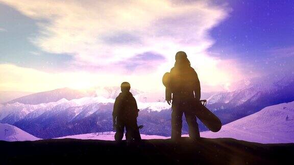 父子俩在滑雪板跑道的斜坡上