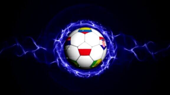 足球和世界旗帜在蓝色抽象粒子环放大\缩小动画背景循环