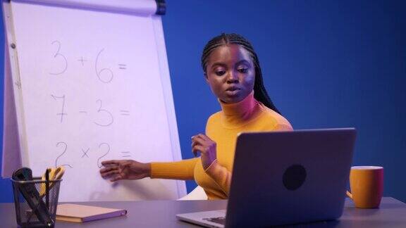 一位年轻的老师正在给小学生上远程在线数学课身后是黑板和例子