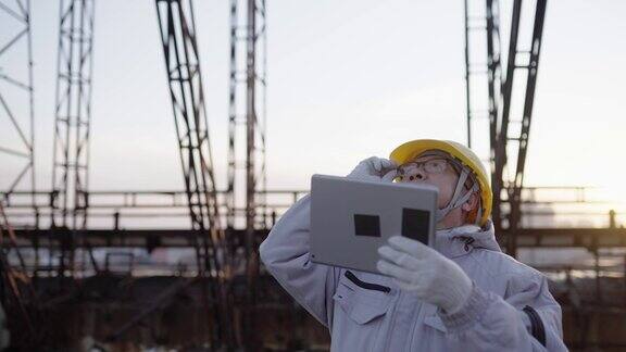 晚上亚洲高级工程师用智能手机检查工业设备的运行情况