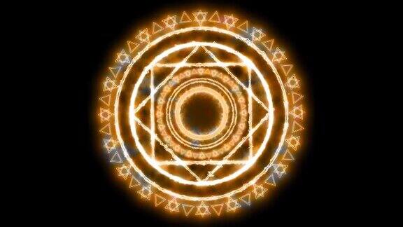 魔法圈强大的金色火焰能量与蓝色天庭双环六星旋转