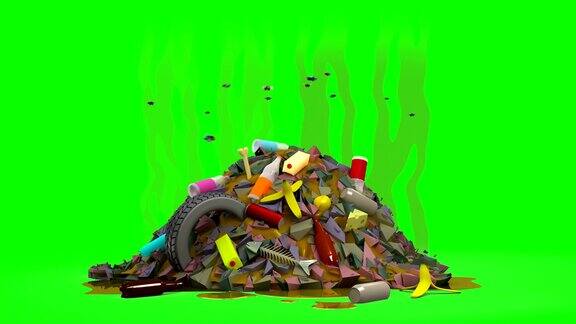 满是苍蝇的垃圾堆3D动画卡通风格绿屏loopable