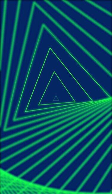 可循环抽象数字酸性绿色霓虹灯三角形几何形状背景垂直4K未来闪闪发光的动画模式前进技术和网络理念与拷贝空间