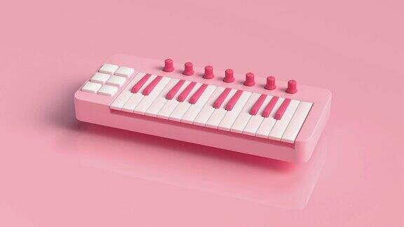 粉色迷你键盘钢琴卡通风格抽象运动3d渲染