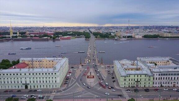 俄罗斯日落时间圣彼得堡交通苏沃洛夫斯卡娅广场大桥航拍全景4k