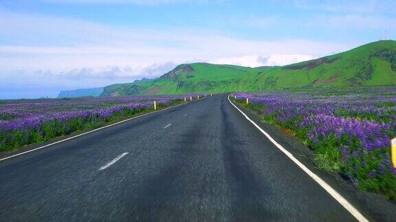 在冰岛南部的乡村道路上行驶的汽车