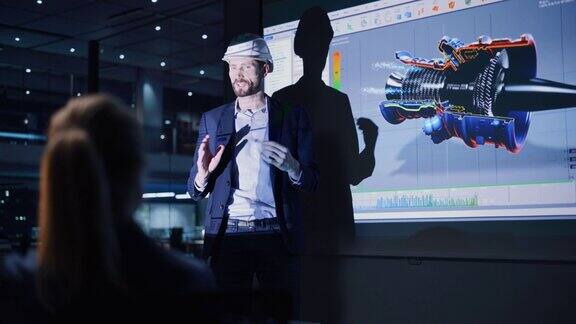 技术投资商务会议:首席汽车工程师向投资者和商人介绍绿色能源发动机设计投影屏幕显示涡轮三维模型