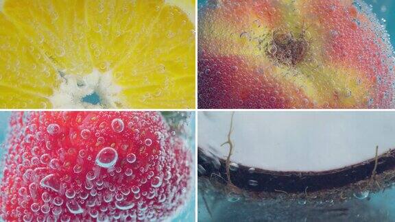 水果在水中的拼贴特写宏观橘子桃子草莓椰子