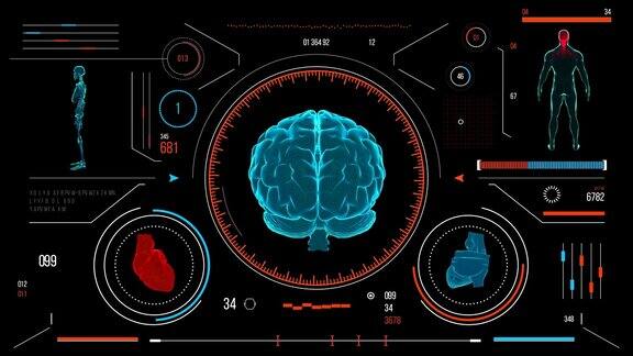 人类的大脑扫描未来的医疗用户界面与HUD和信息图表元素虚拟技术背景平视显示模板的业务游戏运动设计web和应用程序