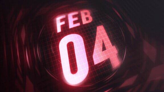 2月4日3d动态影像红外线日历在未来和科技发光霓虹灯拍摄纪念在led等4k循环