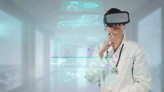 动画屏幕与数据处理和紫色痕迹的女医生戴着vr头戴
