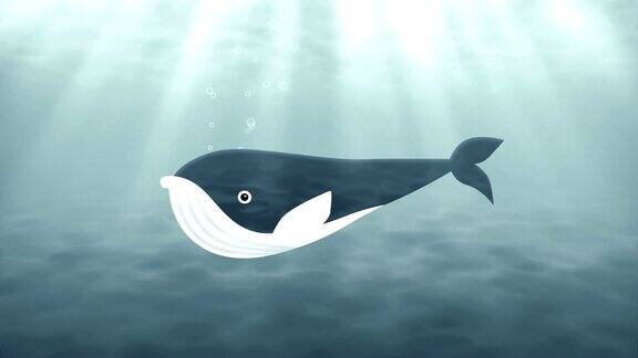 卡通鲸鱼在深水中游泳