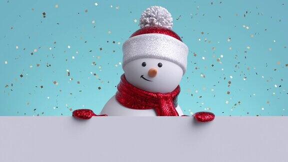 3d雪人看着墙外拿着空白横幅眨眼和微笑黄金纸屑下降新年快乐圣诞快乐动画贺卡寒假的背景1920x1080高清