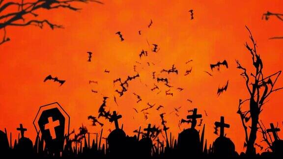 飞行蝙蝠和万圣节墓地的橙色背景动画