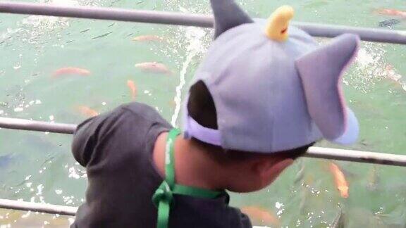 亚洲男孩喂鱼玩得很开心