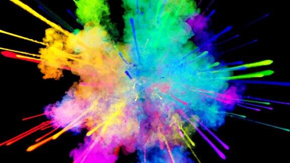爆炸的火药孤立在黑色背景3d动画的粒子作为彩色的背景或覆盖效果迸发出彩虹般的色彩粉饼呈现出明亮如胡里节39