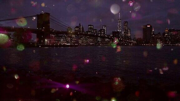 纽约市上的彩色雪花闪烁新年快乐