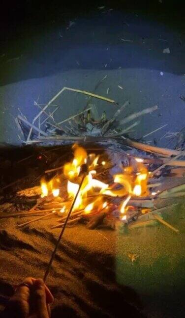 在海滩上用篝火烤棉花糖