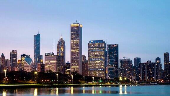 高清延时:芝加哥城市景观日落美国