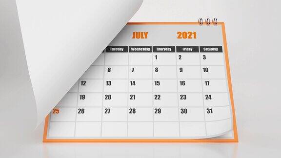 抽象飞行页日历2021与橙色框架上的白色背景