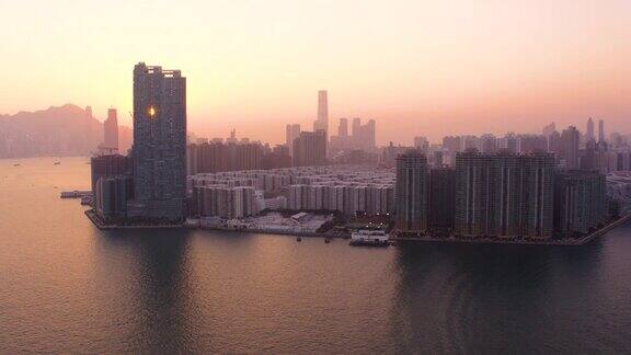 香港航拍九龙湾欣赏市区日落美景
