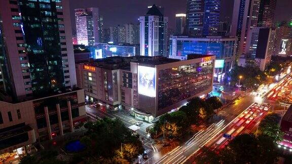 夜晚照亮了深圳著名的交通街道十字路口屋顶全景4k时间的中国