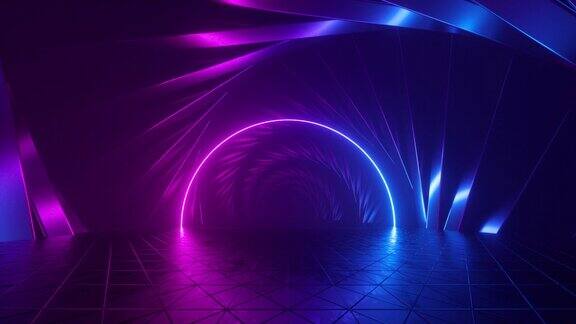 循环的3d动画抽象的紫外线未来背景旋转隧道与粉红色的蓝色霓虹灯在紫外线光谱发光
