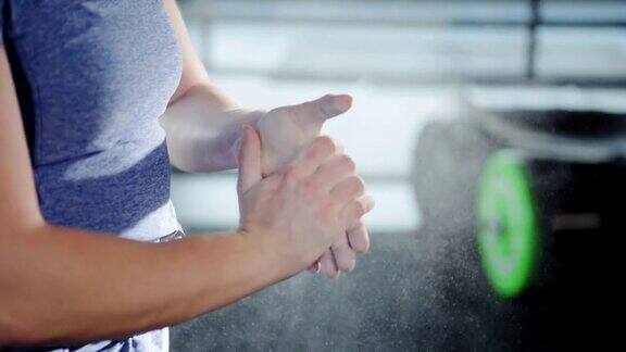 举重运动员训练前将粉末拍在手上
