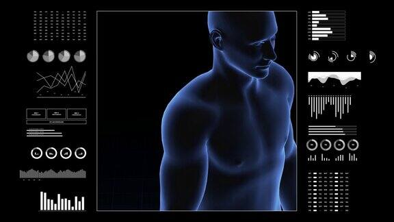 有肩部疾病的人3d身体的男孩男性人体结构的旋转动画和特写